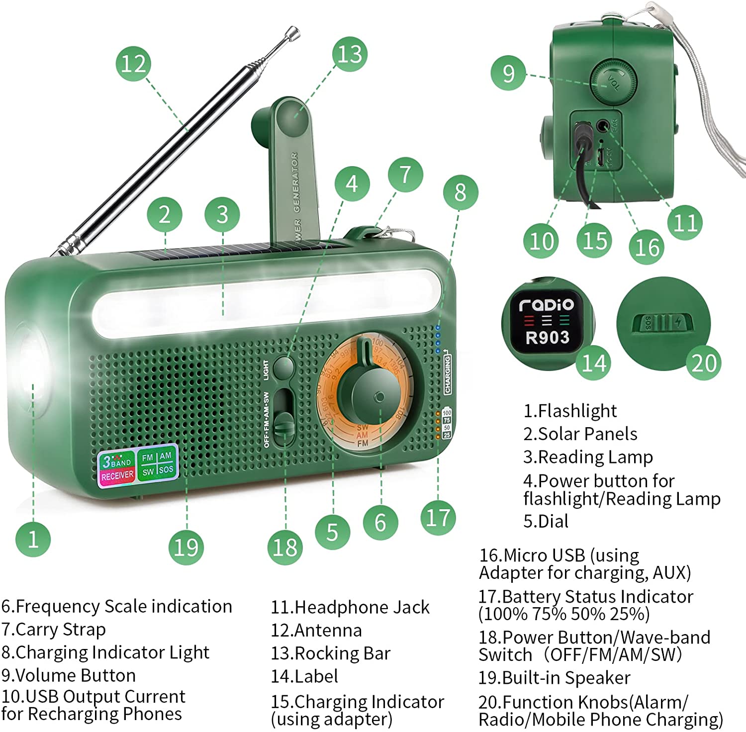 Radio de mano recargable con energía Solar, lámpara de lectura con linterna, Batería Externa de 2000mAh, alarma de SOS, AM/FM/SW