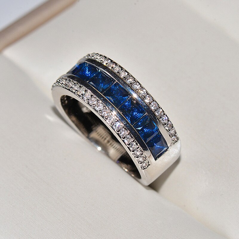 Micro bleu Royal de luxe CZ pavé bagues de mariage de fiançailles pour les femmes en acier inoxydable coloré cristal cubique zircone fille bijoux