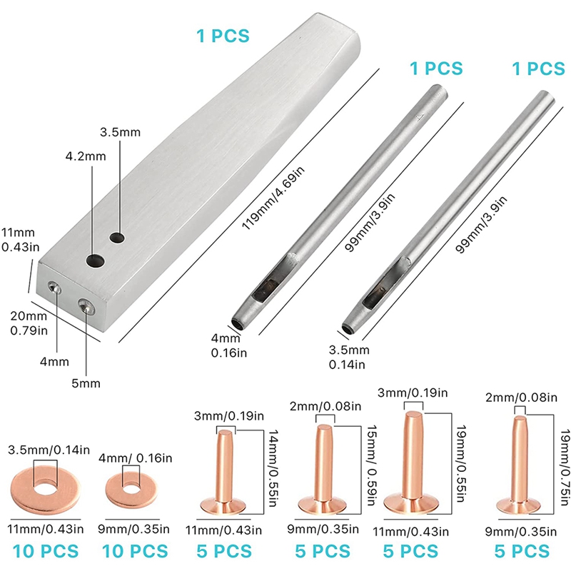 43Pcs Koperen Klinknagels En Bramen, 4 Maten Koperen Klinknagel En Bramen Assortiment Kit, voor Riemen Portefeuilles Halsbanden Leer Werken