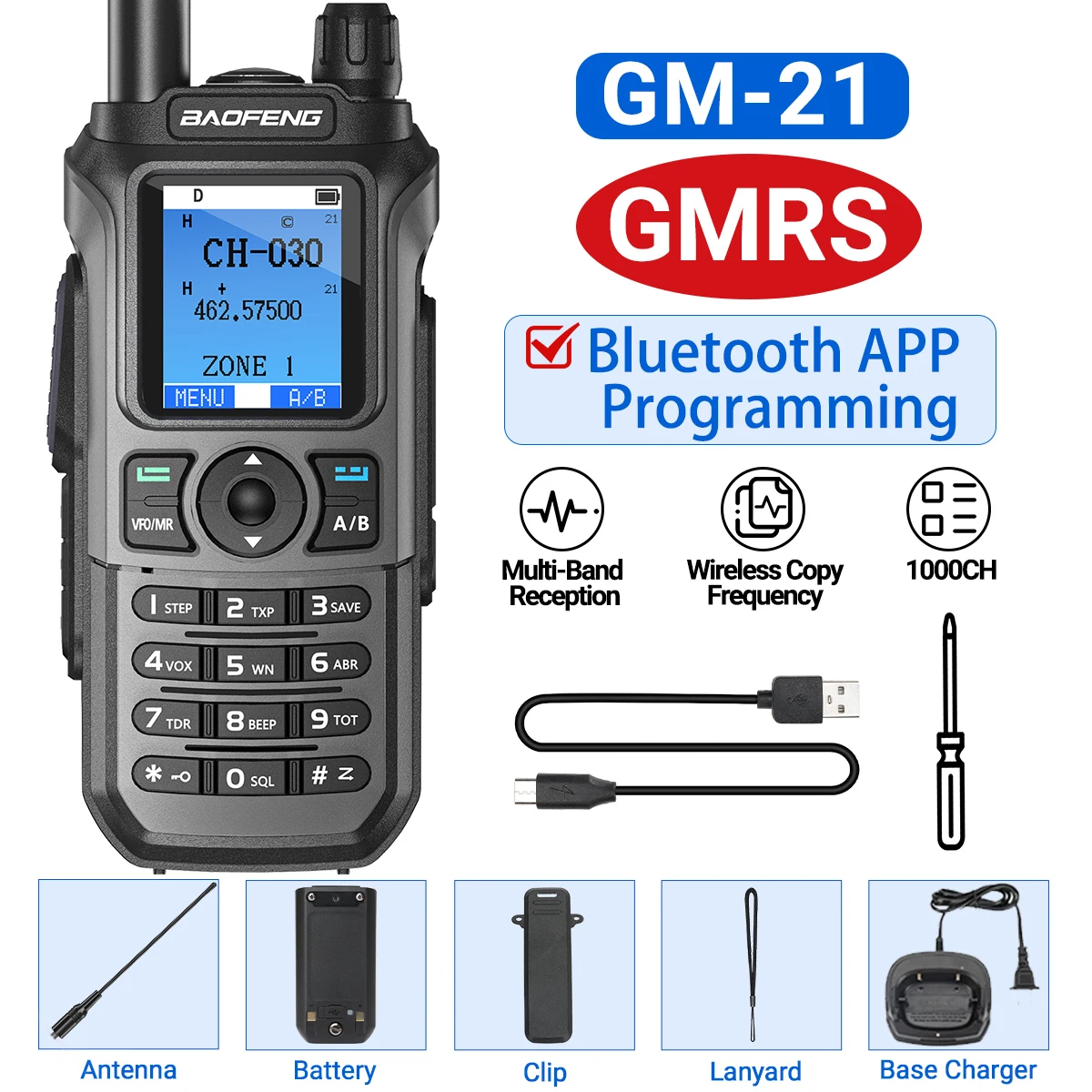Baofeng GM-21 Walkie Talkie GMRS Transceiver Bluetooth Wireless Programing Multi-Band Receiving AM FM Type-c Charger Radio: Brown / US