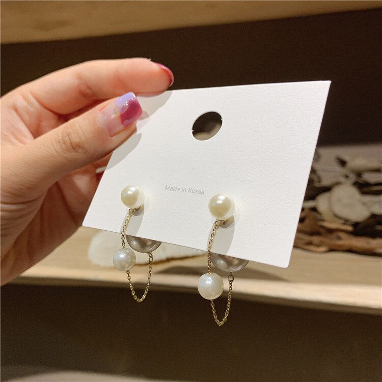 Korean Silver Color Long Chain Tassel Double Pearl Earrings for Women Two Wear Style Pearls Ball Stud Earrings Wedding Jewelry