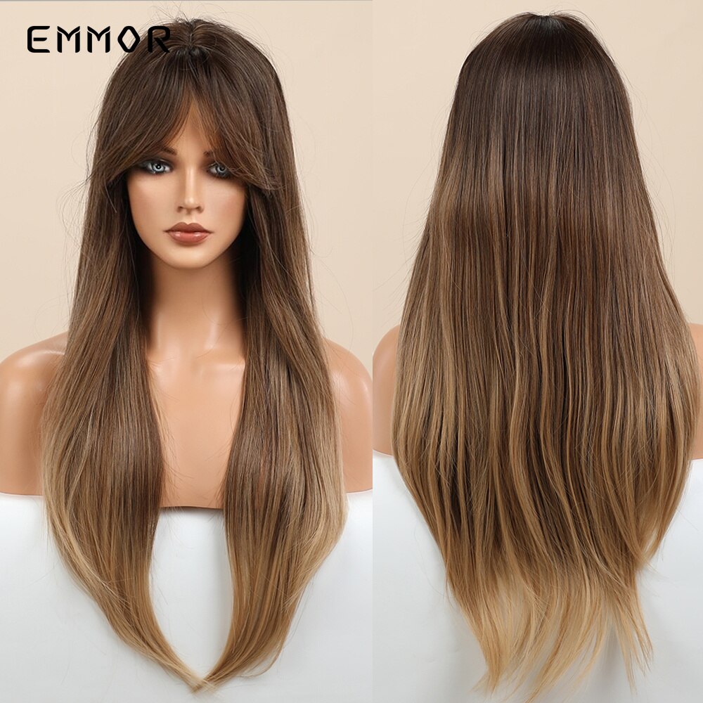 Emmor Synthetic Black Root Ombre Light Golden Blonde Straight Hair Wigs with Bangs High Temperature Cosplay Daily Wig for Women: EM244-1