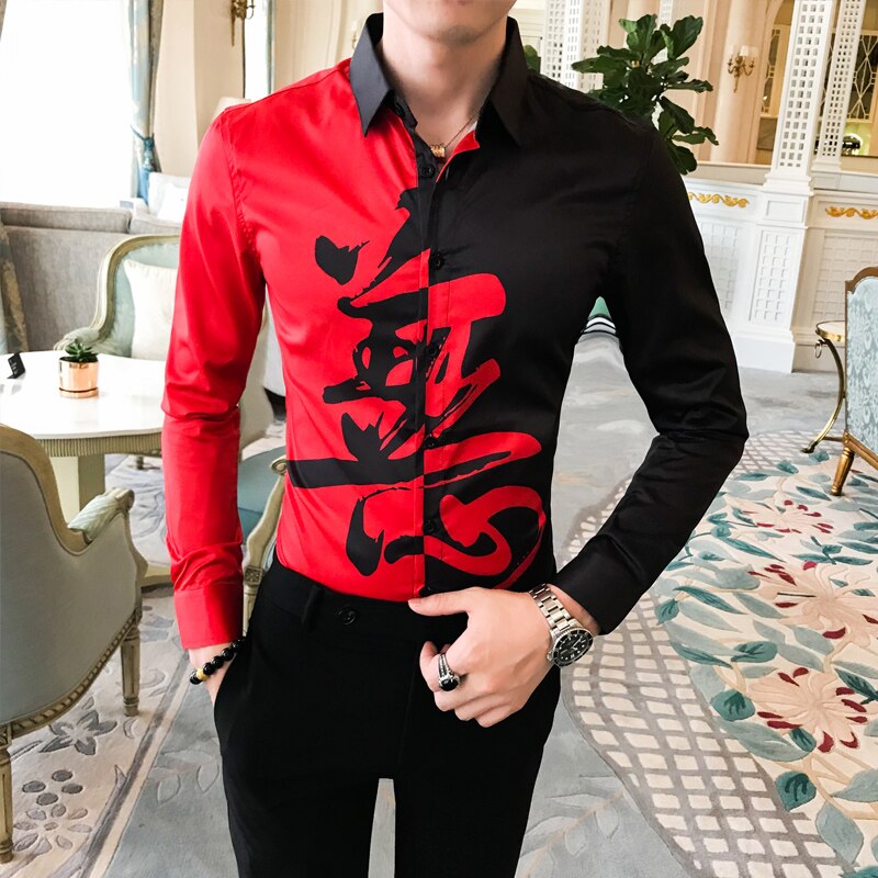 Casual skjorter slim fit festtøj bluse mænd efterår mænd skjorte patchwork farve streetwear skjorter mænd langærmede herre: Sort besværgelse / Koreansk 3xl 72-77kg