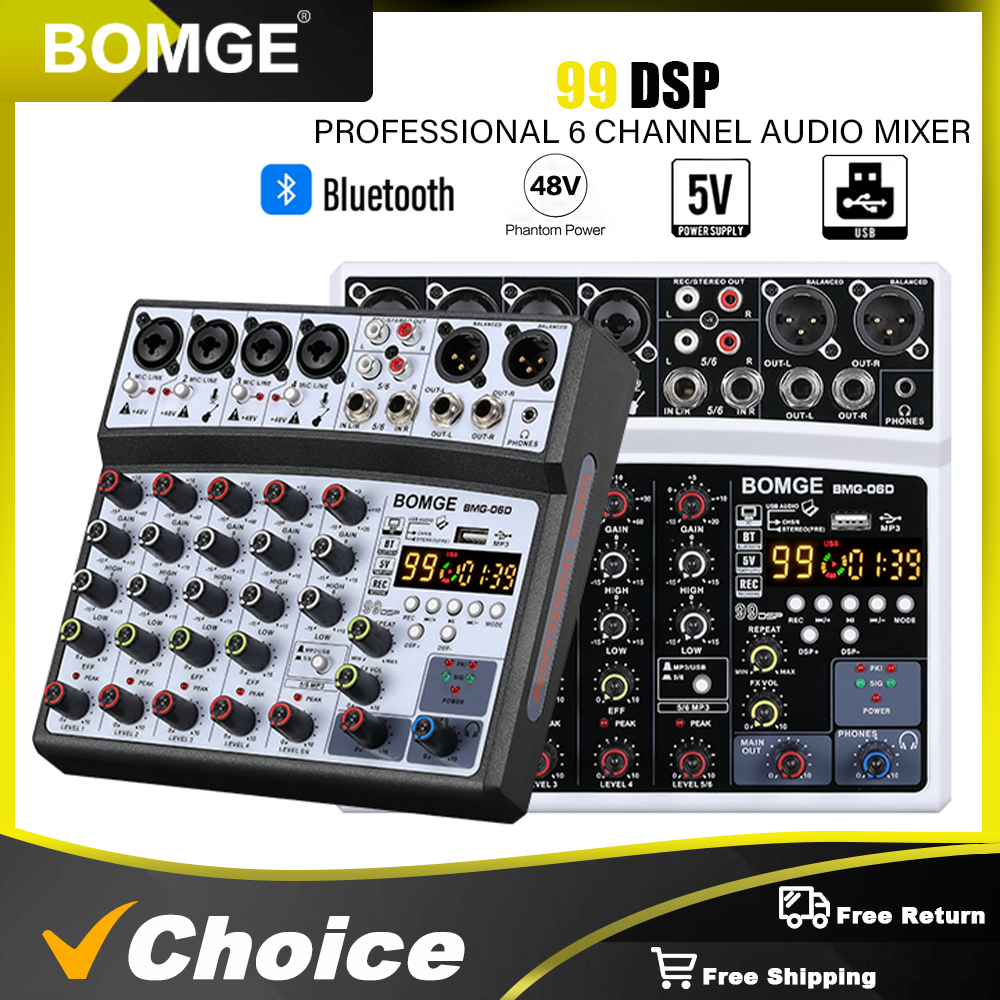 BOMGE Mezclador de audio de 6 canales Consola mezcladora portátil Interfaz USB Tarjeta de sonido con 99 DSP Echo 48V Phantom Power