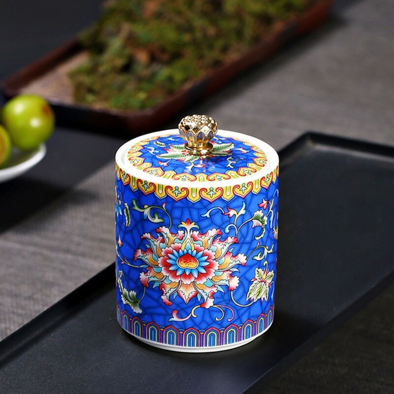 Ceramic Floral Pattern Tea Caddy Tea Box Enamel Sealed Storage Jar Tea Can Puer Container Teaware Home Decor: blue