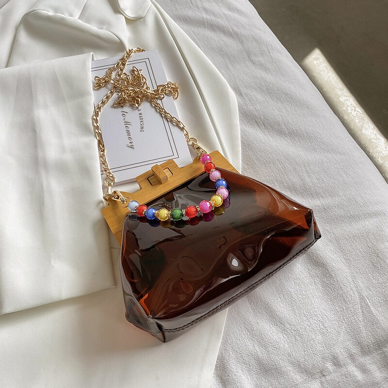 Transparent Jelly Tote bag Summer High PVC Women's Handbag Chain Shoulder Messenger Bag Travel Bag: 22 CM Coffee