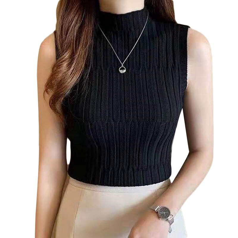 T-shirt col roulé sans manches pour femme, haut moulant en tricot, de , collection été automne: BK