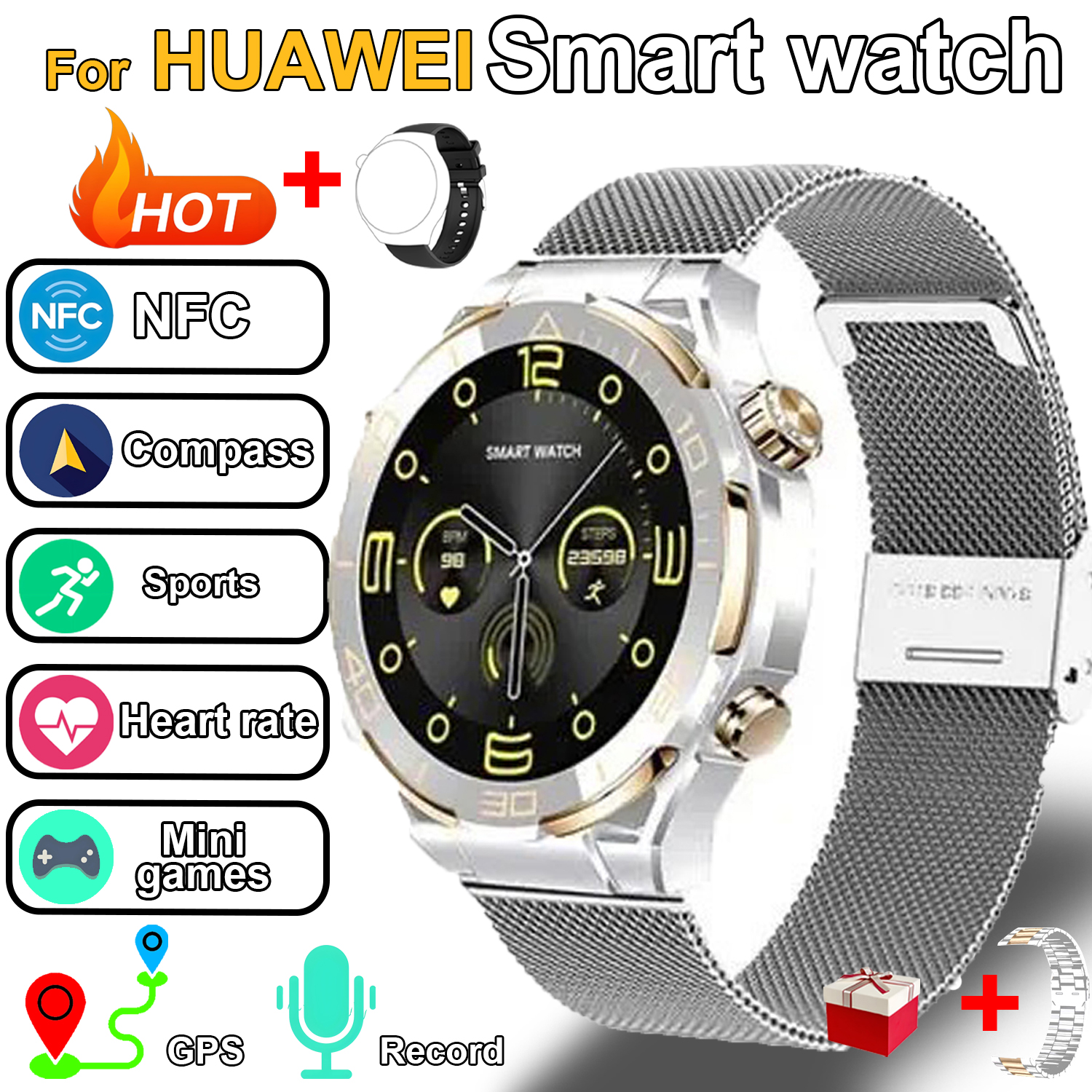 Nowy inteligentny zegarek sportowy dla mężczyzn 420mAh Kompas GPS NFC BT Monitorowanie tętna Smartwatch dla Huawei 2025 sprytny zegarek: żółty