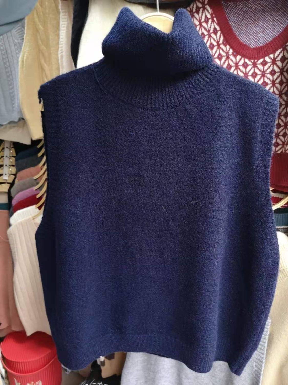 Mjuk ulltröja väst kvinnor vinter koreansk stil vintage turtleneck ärmlös tröja lös väst stickad linne  t561: Marinblå