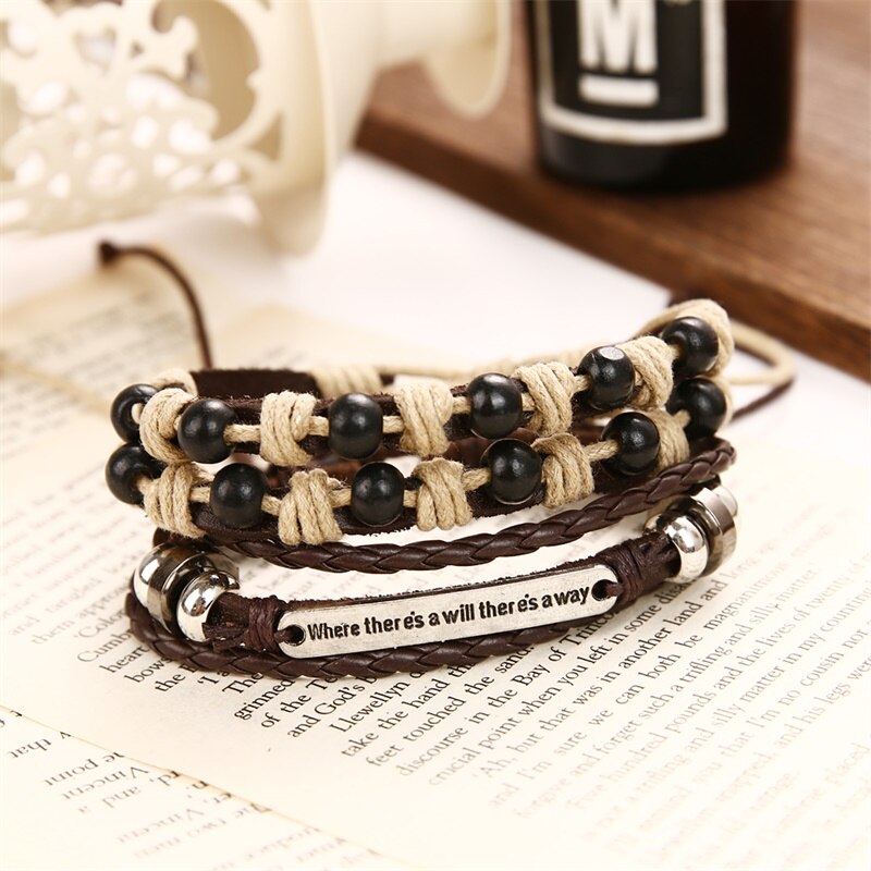 Ifmia Vintage Multilayer Bar Brief Lederen Armband Mannen Mode Handgemaakte Bead Gevlochten Touw Wrap Armband Geweven Sieraden