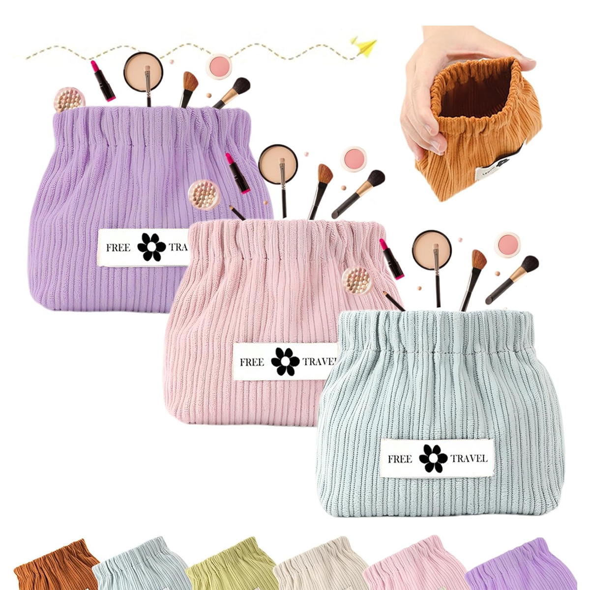 YANZAI 2pcs Corduroy Elastic Hair Tie Organizer Mini Makeup Pouch for Purse Cosmetic Organizer for Women Brush Storage