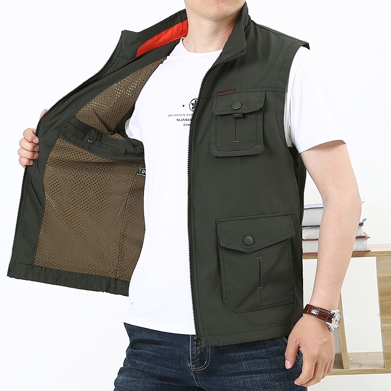 Men&#39;s Multi Pocket Fishing Vest 4XL Spring Autumn Mesh Breathable Thin Loose Leisure Waistcoat Tops Outdoor Hiking Sports Vests