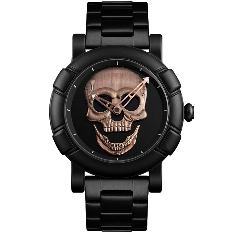 Black Gold Dial Quartz Watch Men 3D Skull Head Pattern Stainless Steel Steampunk Rock Engraved Cool Mexico Man Male reloj hombre