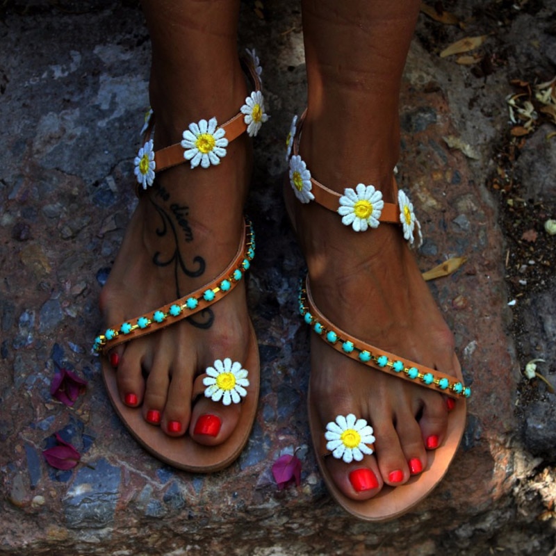 Summer Shoes Woman Gladiator Sandals Women Shoes Flat Weet Flowers Boho Beach Sandals Ladies Plus Size 44