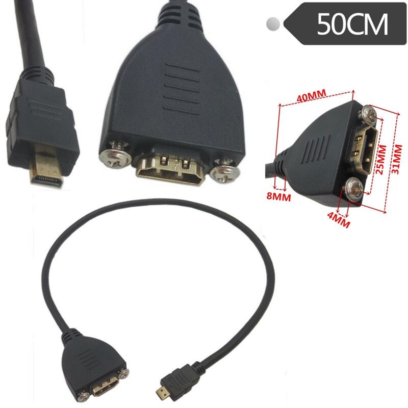 Gold Plated High Speed Micro HD Cable Male to HDTV Female Extension Cable With Screw Panel Mount