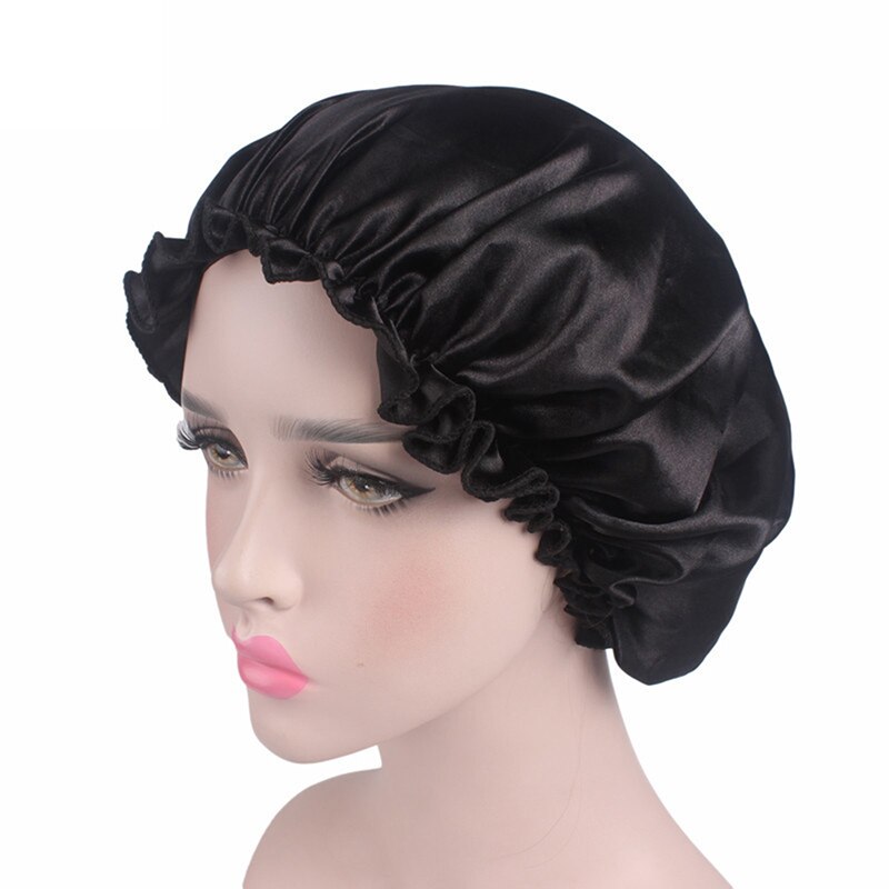 1 pièces Satin Bonnet pour coiffure dormir Bonnet de douche Bonnet de soie femmes nuit bandeau élastique sommeil chapeau couvre-tête soins des cheveux: black