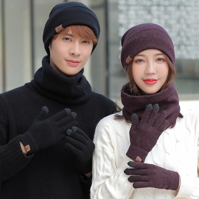3 Pce/Set gorro bufanda guantes par invierno a prueba de viento grueso bufandas Kit de de Punto más terciopelo sombrero bufanda conjunto para hombres y mujeres