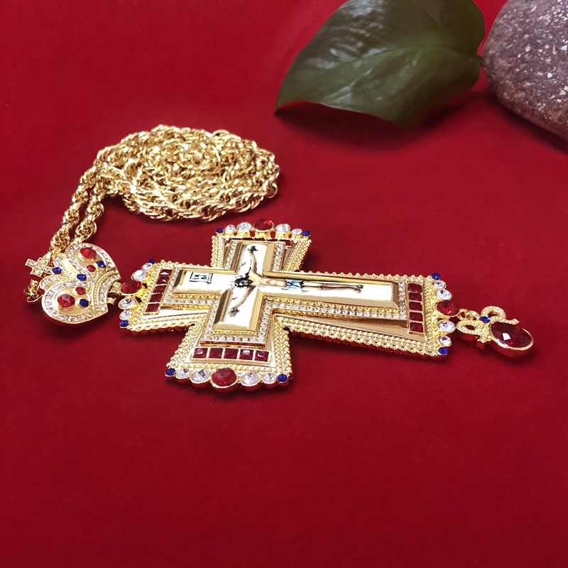 Brystkors halskæde røde zirkoner krystaller ortodokse græske krucifiks smykker brystkors kæde religiøst håndværk