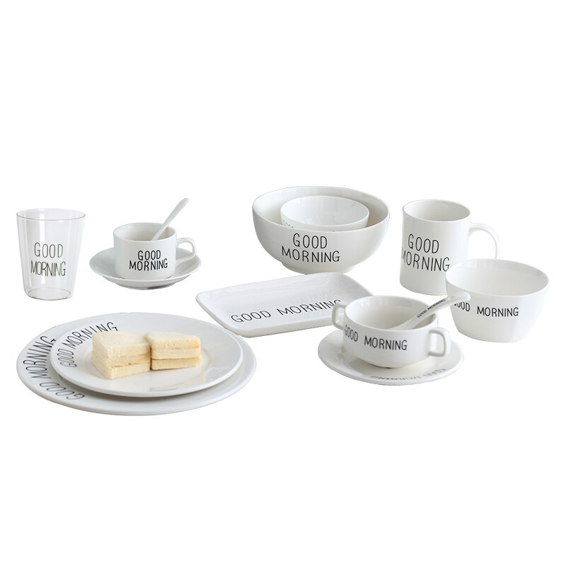 Nordic breakfast plate good morning alphabet coffee cup dessert bowl set mugs ceramic spoon salad bowl mixing bowl soup bowls