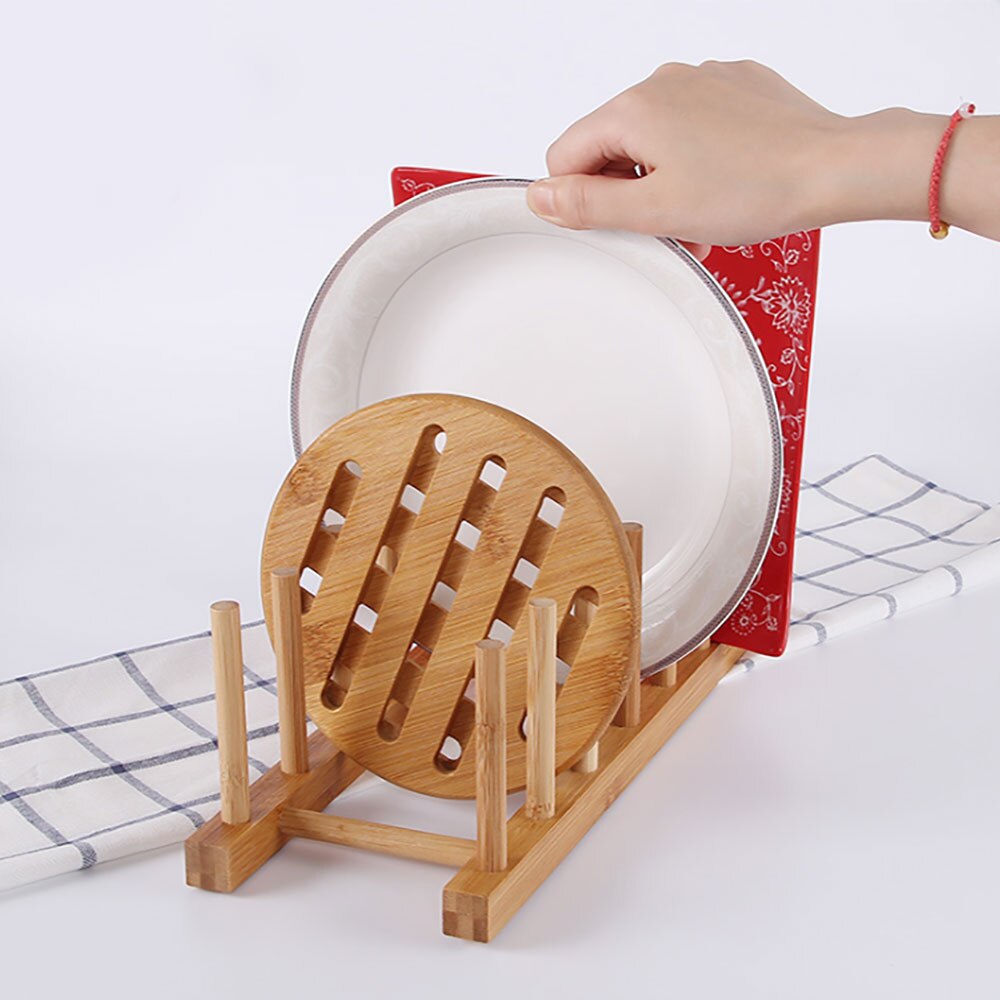 Bamboo Wooden Dish Rack Plate Rack Stand Pot Lid Shelves Home Kitchen Cabinet Organizer for Cup Cutting Board Bowl Drying Rack
