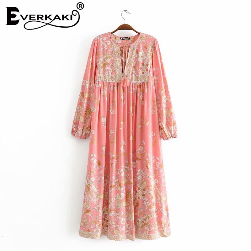 Everkaki, vestido largo bohemio con estampado Floral para mujer, Vestidos étnicos de verano para mujer, Maxi Vestidos sueltos, Casual para mujer, primavera ,: Pink / M