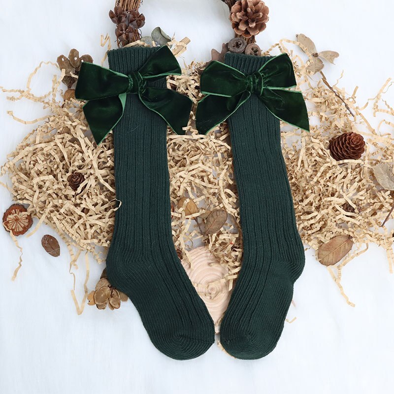 Calzini natalizi per bambina calzini per bambini in cotone con fiocco grande calzino alto scaldamuscoli in lana solida calzini lunghi morbidi per bambini: Long Green / 3-5 Years (L)