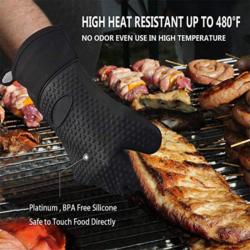WALFOS long silicone kitchen glove-BBQ grill glove heat resistant cooking glove for grilling microwave oven mitts glove