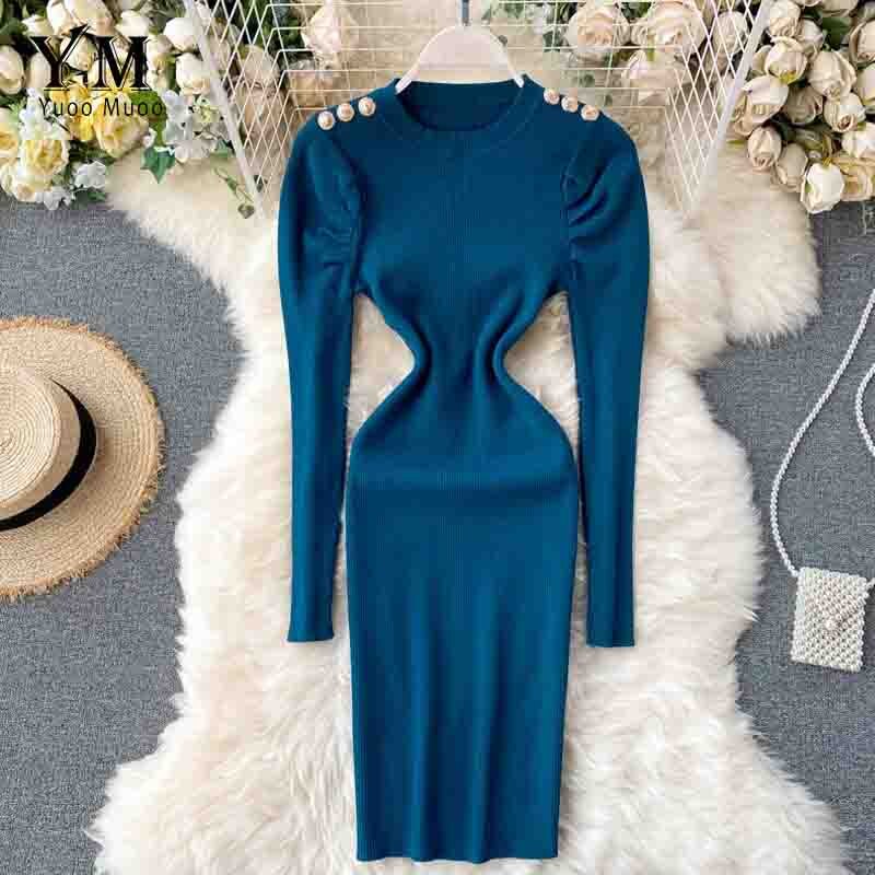 Yuoomuoo Herfst Winter Vrouwen Gebreide Jurk Europa Knoppen Lange Puff Mouwen Elegante Jurk Dames Bodycon Jurk: Blauw