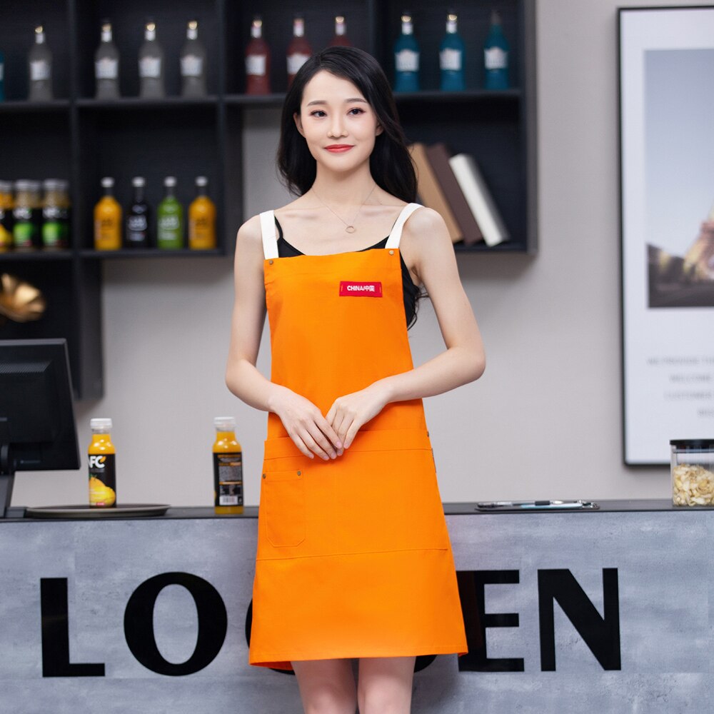 Hurtownia bawełniane płótno robocze fartuch dla obu płci kuchnia fartuch kuchenny grill strzyżenie fartuch roboczy kelner kawiarnia restauracja fartuch: Pomarańczowy