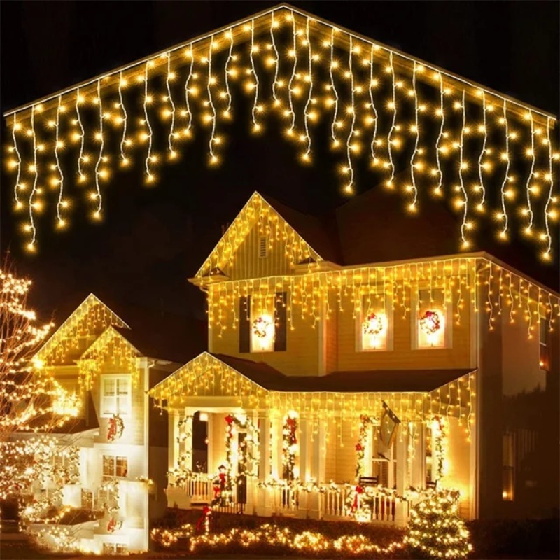 Guirnalda navideña, cortina LED, luces de carámbanos, adorno de luz LED, cadena de luces de cascada, decoración de aleros de calle y jardín al aire libre