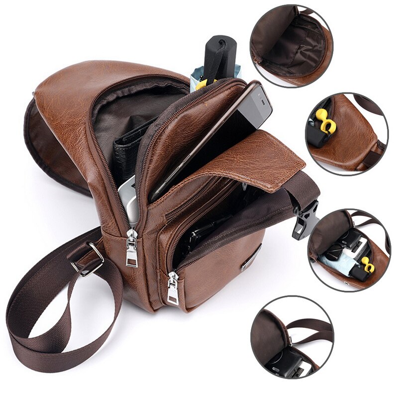 Men's Chest Bag Men Leather Chest USB Backbag With Headphone Hole Travel Organizer Male Bag
