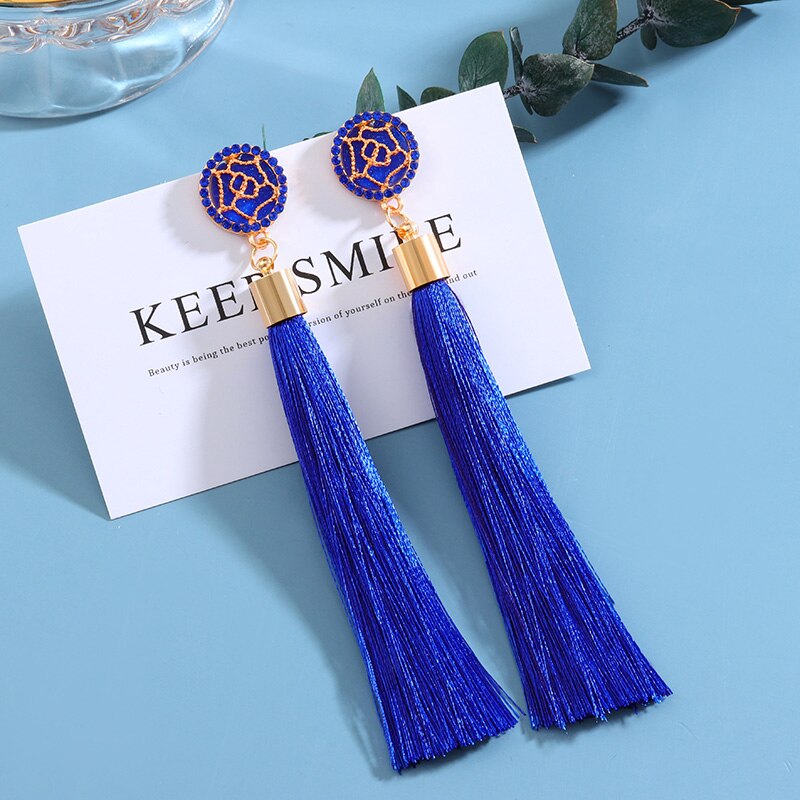 Bohemian Tassel Earrings for Women Cotton Silk Fabric Long Fringe Dangle Earrings Party Female Jewelry: Blue 3