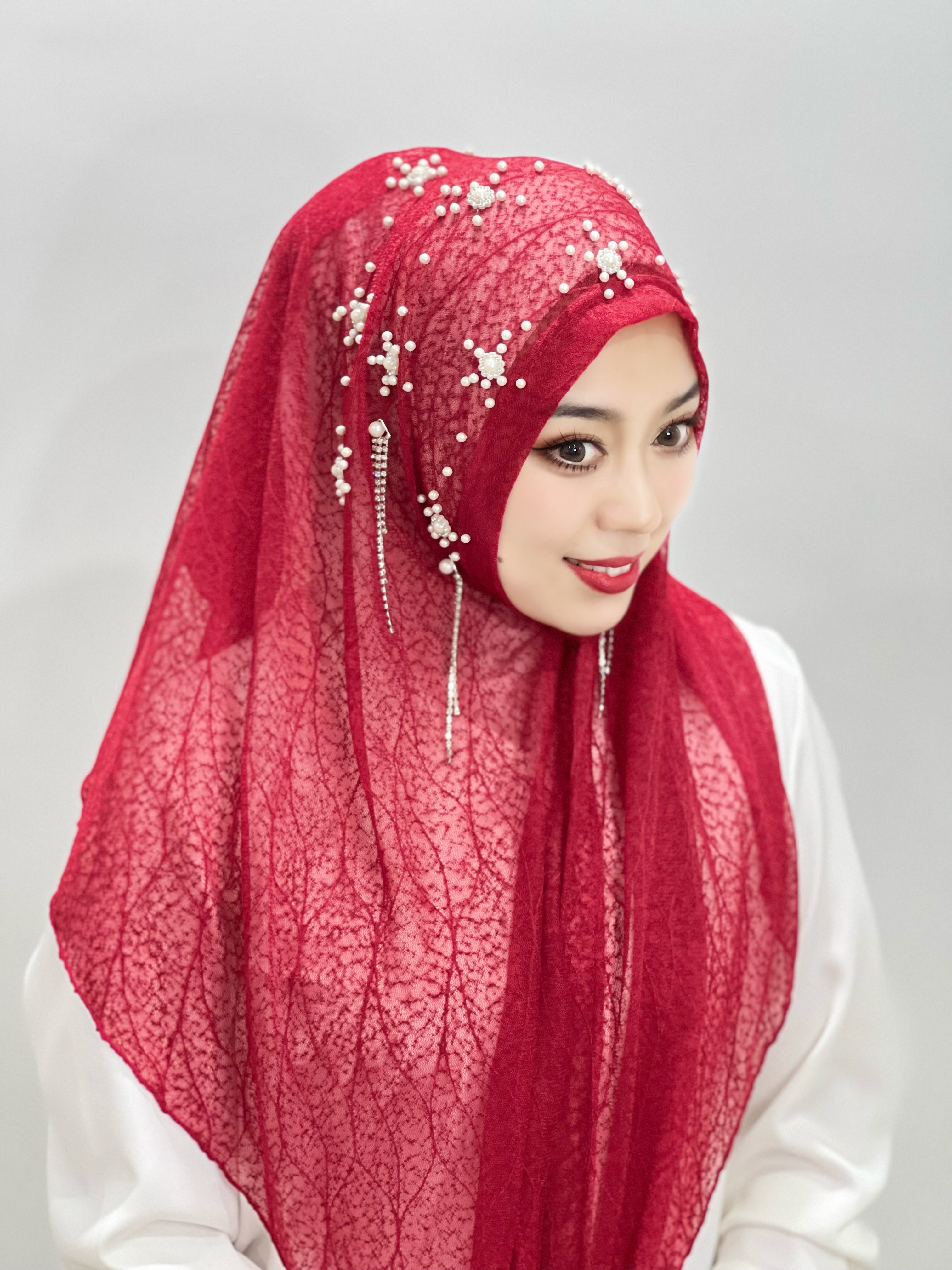 chapeau africain femme epingle hijab voile chretien Hijab à pampilles florales islamiques, Hijab Abaya, Texture de feuilles perlées, écharpe pour femmes, bandeau musulman, châle instantané, turquie: Rouge