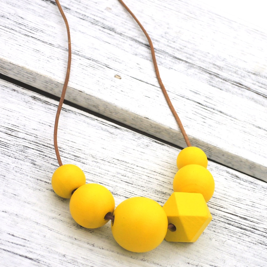 GREY YELLOW asymmetric wood Geometric necklace with Beaded milimalist statement leather cord everyday long rope NW721