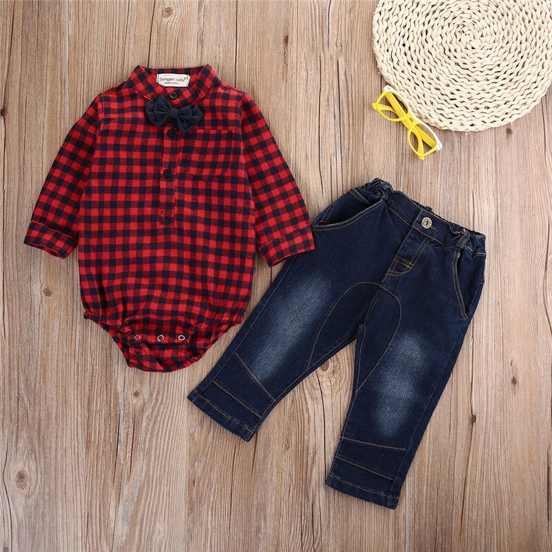 CANIS-Conjunto de ropa para niños recién nacidos, mono escocés, Tops, pantalones vaqueros, pantalones mallas conjuntos, traje Formal: Rojo / 6 meses