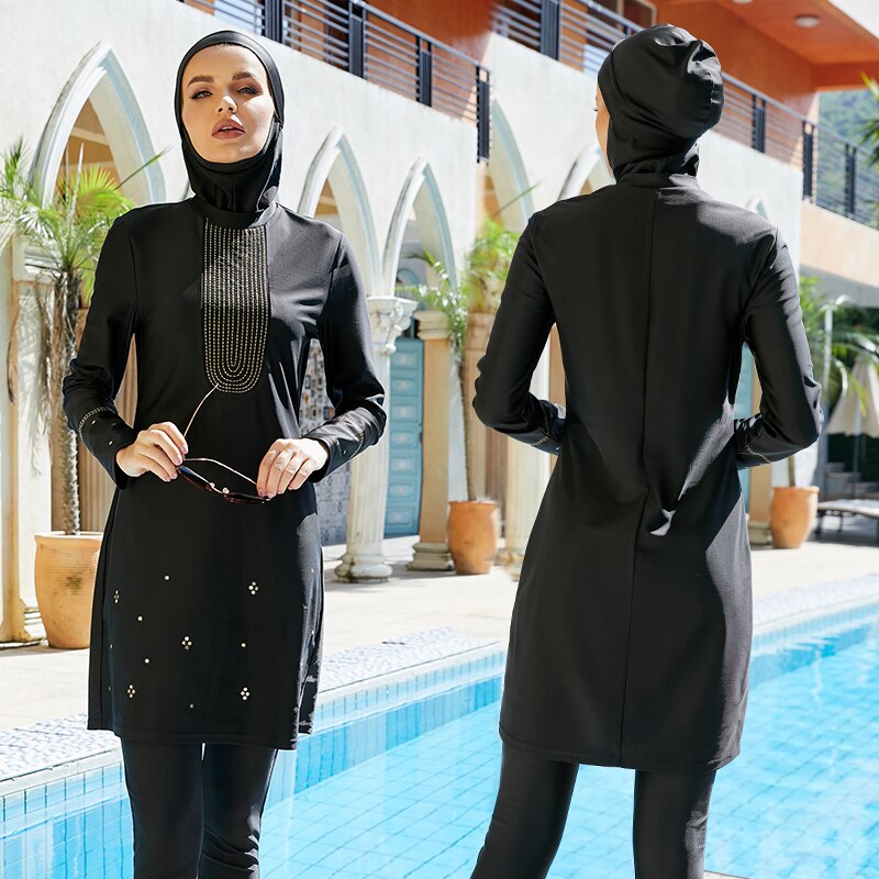 Bañador musulmán para Mujer, Burkini para Mujer, Maillot De baño para Mujer De manga larga negra con capucha De pelo y bufanda