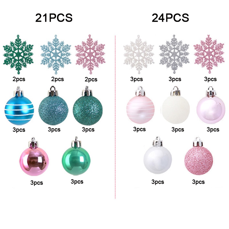 21 PCS/24 PCS Kleine Kerstballen Xmas Ballen Sneeuwvlok Kerstboom Ornament Opknoping Kerstballen Roze Blauw Bal Boom decoratie