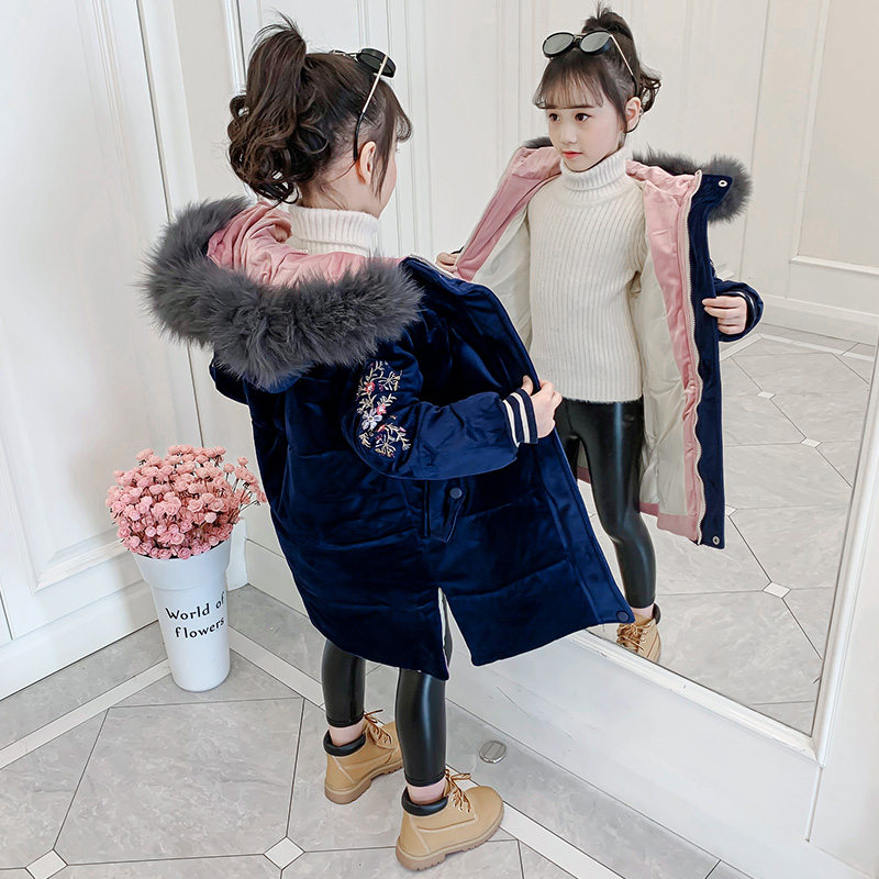 High Grade Girls Embroidery Long Jacket Coat Fur Hoodies Kids Princess Royal Sapphire Flower Embroidery Coat for Winter