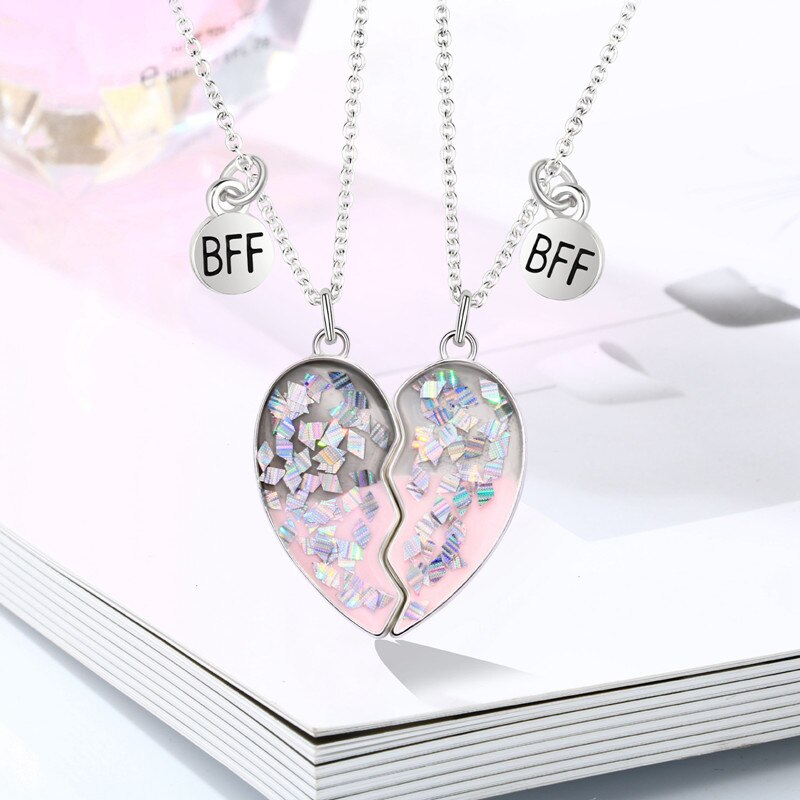 Sequin Stitching Heart Broken Best Friends Necklace Pendant Chain Necklaces BFF Friendship Jewelry for Unisex 2PCS