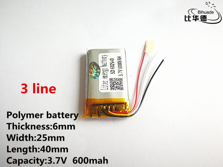 3 line Good Qulity 3.7V,600mAH,602540 Polymer lithium ion / Li-ion battery for TOY,POWER BANK,GPS,mp3,mp4