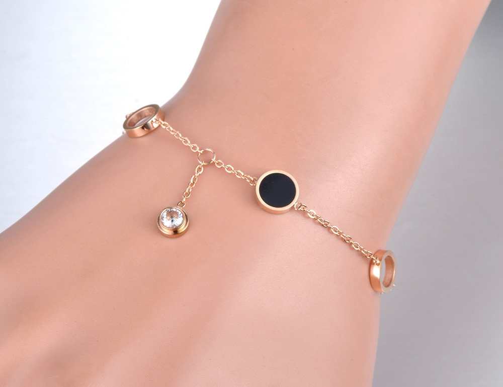 Lokaer Trendy Stainless Steel Black Acrylic Chain & Link Bracelets For Women Rose Gold CZ Crystal Charm Bracelet Jewelry B19054