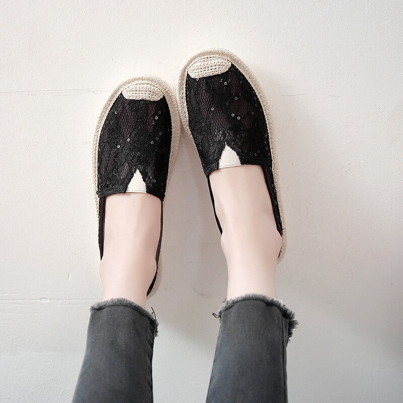 Letnie koronkowe płaskie buty damskie zwykły rybak mieszkania damskie dziurawy oddychająca siatka powietrzna lekkie miękkie cekiny wkładane mokasyny nowe