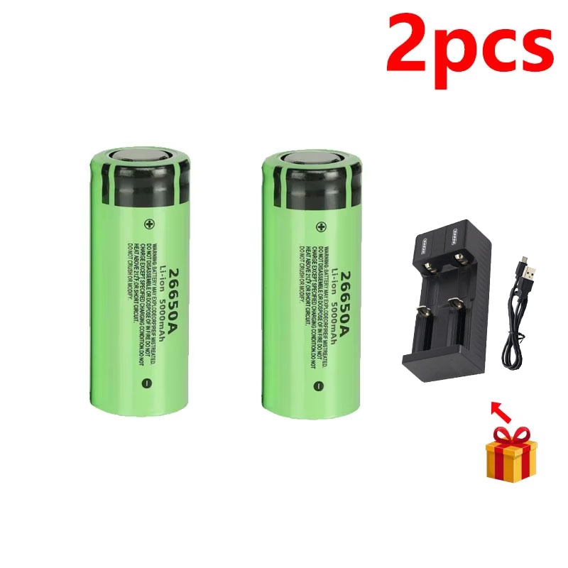 Original 26650 battery 5000mAh 3.7V 50A lithium ion rechargeable battery for 26650A LED flashlight+charger: green