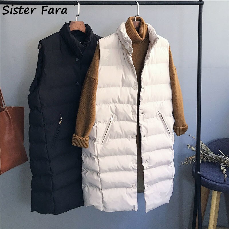 Zus Fara Herfst Winter Stand Kraag Lange Vest Vrouwen Bodywarm Katoen Gewatteerde Winddicht Warm Vest Vrouwelijke Effen Losse Vest