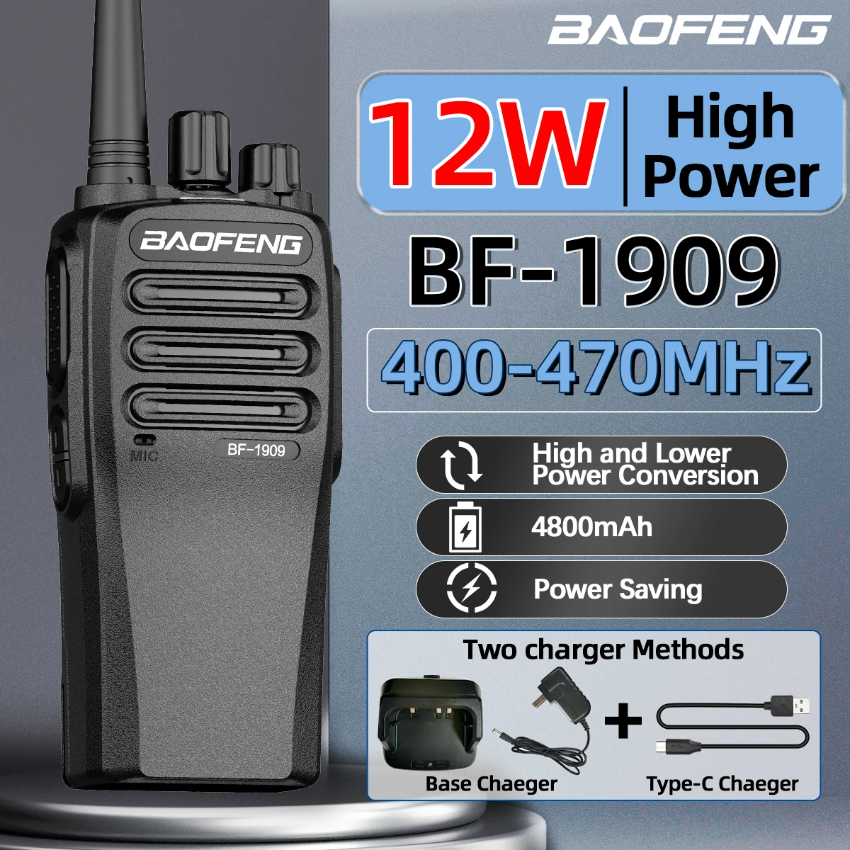 BaoFeng BF 1909 12W High Power Walkie Talkie Long Range Two Way Radio Type C Charging Transmitter Upgrade BF 888S UV 5R UV 82