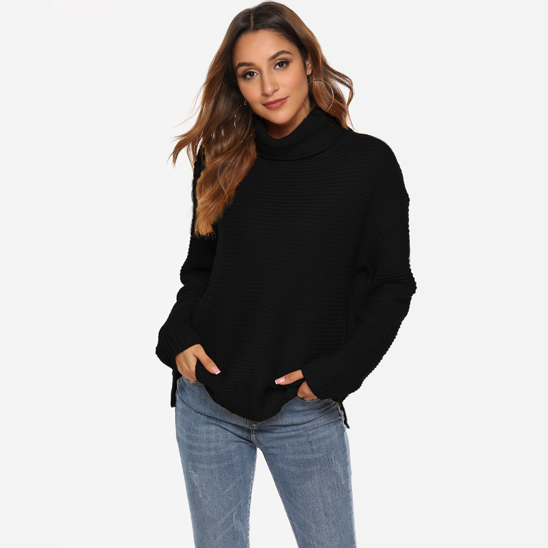 Winter Pullover Sweater Oversized Tops High Neck Long Sleeve Knitted Sweaters: S / Black