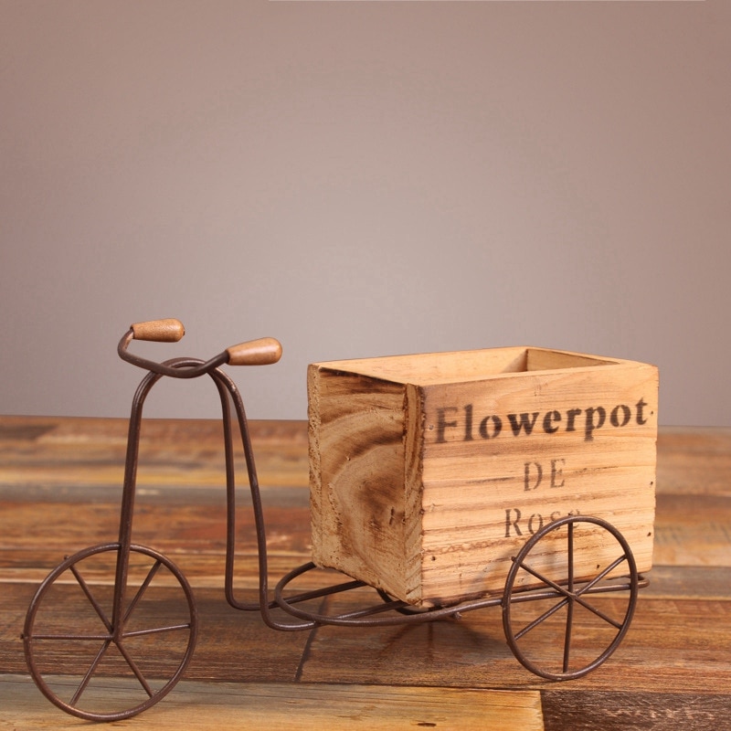 Træ trehjulet cykel model blomsterpotte smedejern cykel blomsterstander indendørs opbevaringsstativ hjem haven desktop indretning håndværk