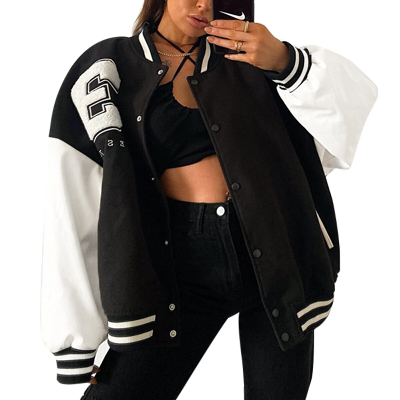 Vrouwelijke Baseball Jas Dames Contrast Kleur Nummer Patronen Lange Mouwen Jas Voor De Lente Herfst Zwart Wit S/M/L: L