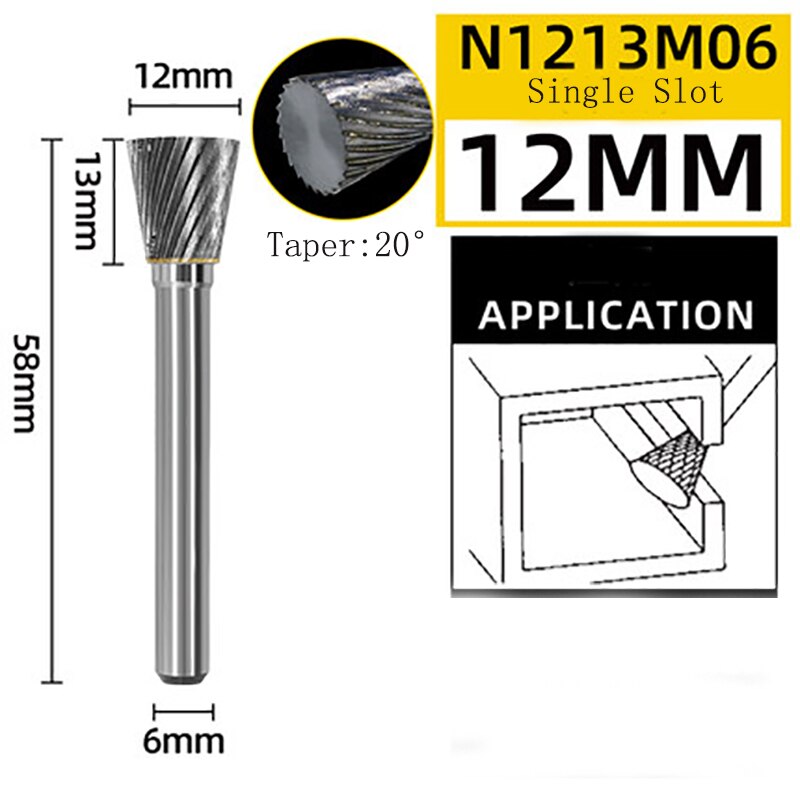 Inverted Cone Shape Alloy Rotary File 1pc Hard Metal Grinding Head Milling Cutter Tungsten Wood Carving Tool N-Type: N1213M06