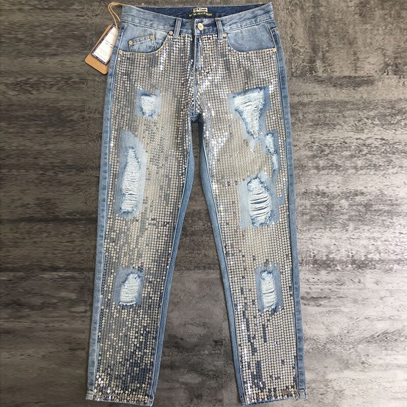 Jean pailleté femme trou déchiré détruire jean pantalon: 40